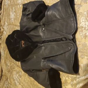 Black Leather coat with hood, very soft inside hood